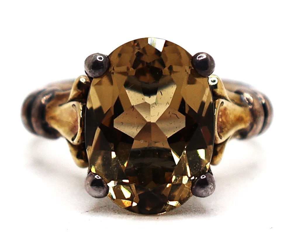 .925 Sterling Silver & 18K Gold Smokey Topaz with 18K Gold Leaves on Sides Ring Size 8 (1 of 5)
