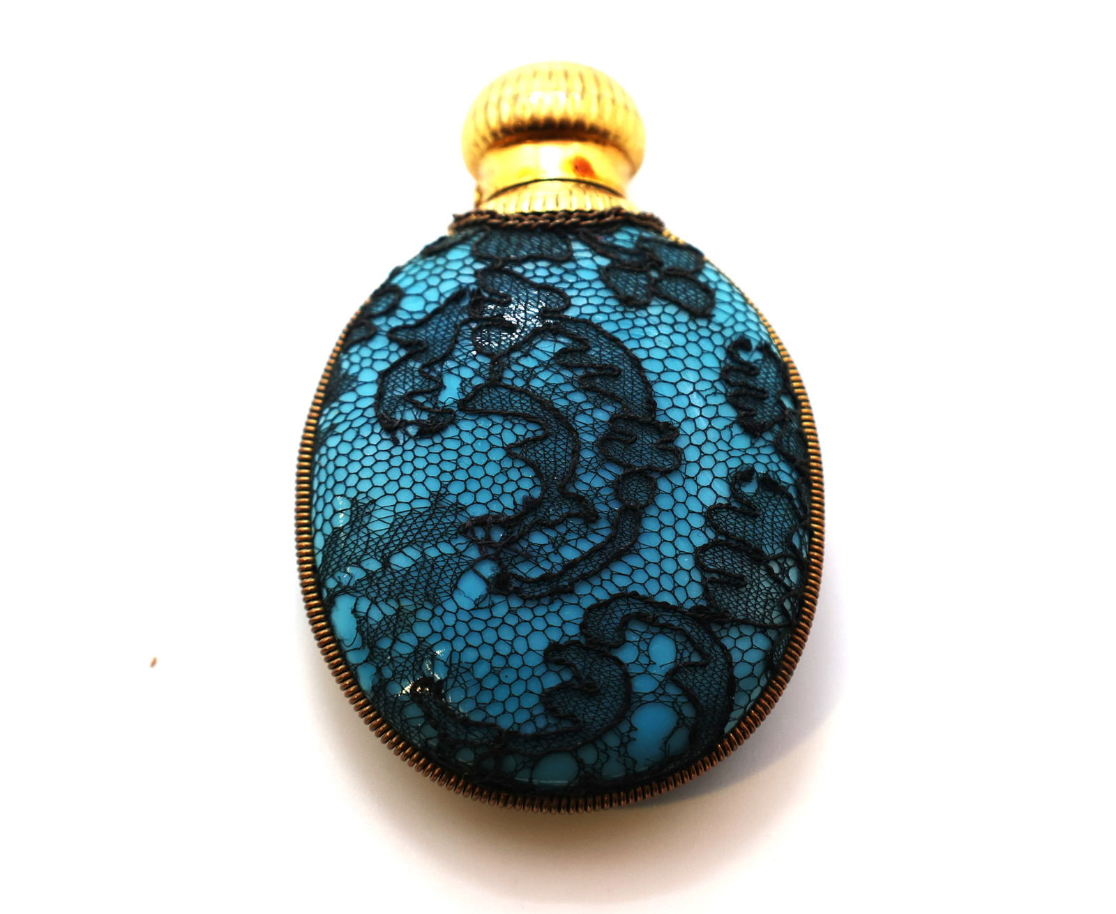 Vintage Blue Enamel Perfume Bottle with Victorian Lace Covering 2 5/8 in. x 1 3/4 in. (1 of 2)