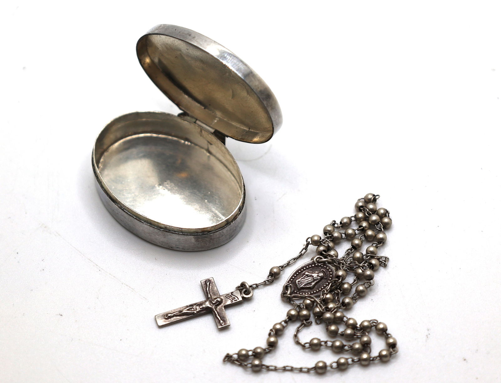 Sterling Silver 95% Hand Tooled Trinket Box with Sterling Silver Rosery Beads 11 in. x 1/2 in. (1 of 5)