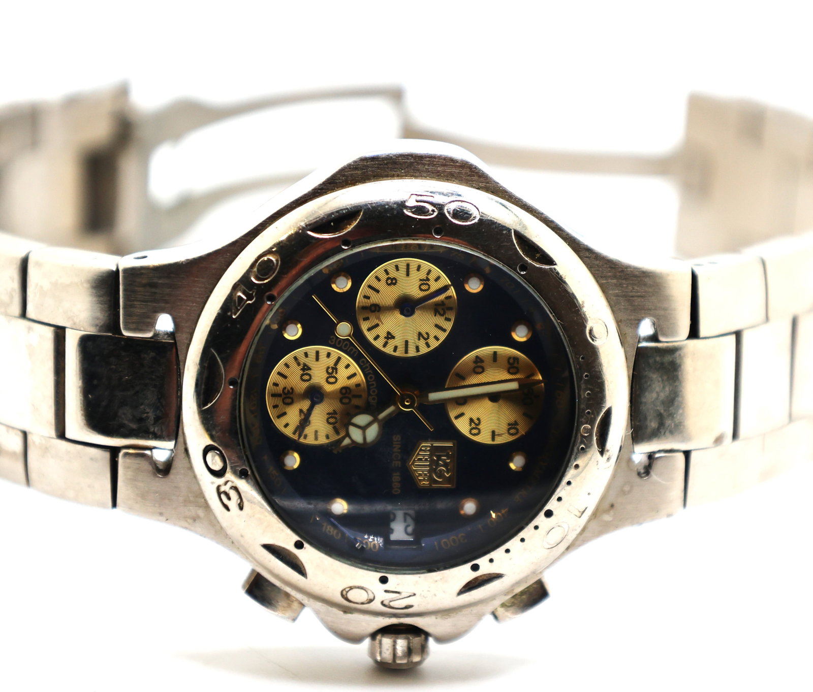 Tag Heuer WK-1211 Blue Face with Date 300M Chronograph Wristwatch Stainless Steel Band: Tag Heuer WK-1211 Blue Face with Date 300M Chronograph Wristwatch Stainless Steel Band. 2 in. x 1 3/4 in.
