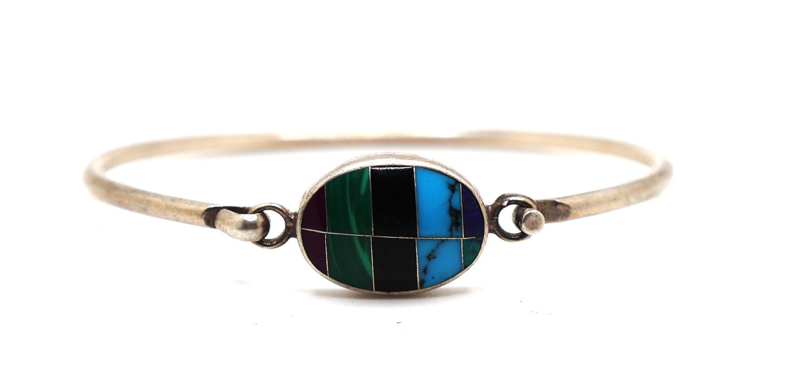 G11 Mexico .925 Sterling Silver Bangle Bracelet with Lapis, Black Onyx, Malachite, Amethyst (1 of 4)