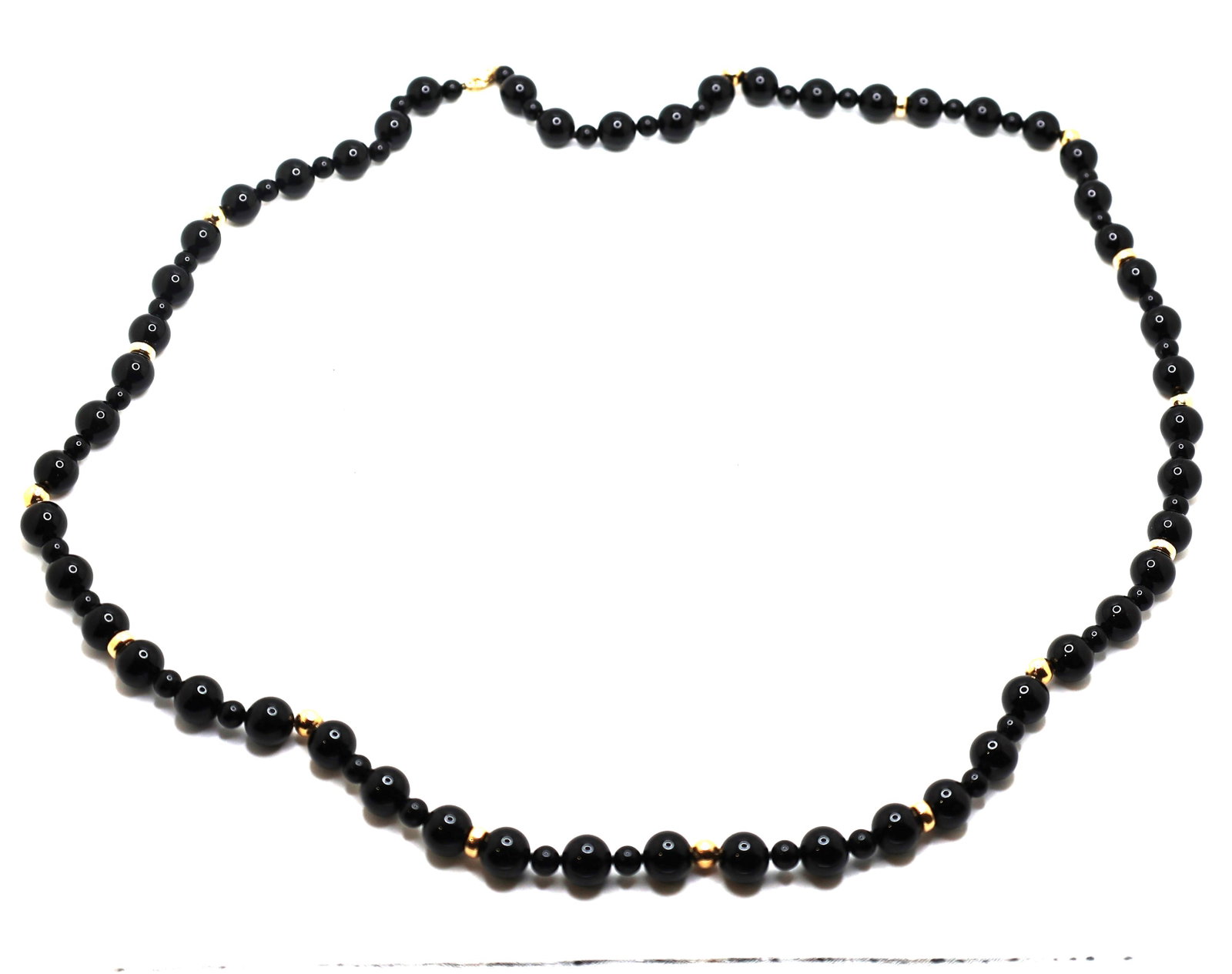 Beautiful Strand of Black Onyx Beads and 14K Gold Beads Spacers with 14K Clasp 36 n. x 1/2 in.: Beautiful Strand of Black Onyx Beads and 14K Gold Beads Spacers with 14K Clasp 36 n. x 1/2 in.