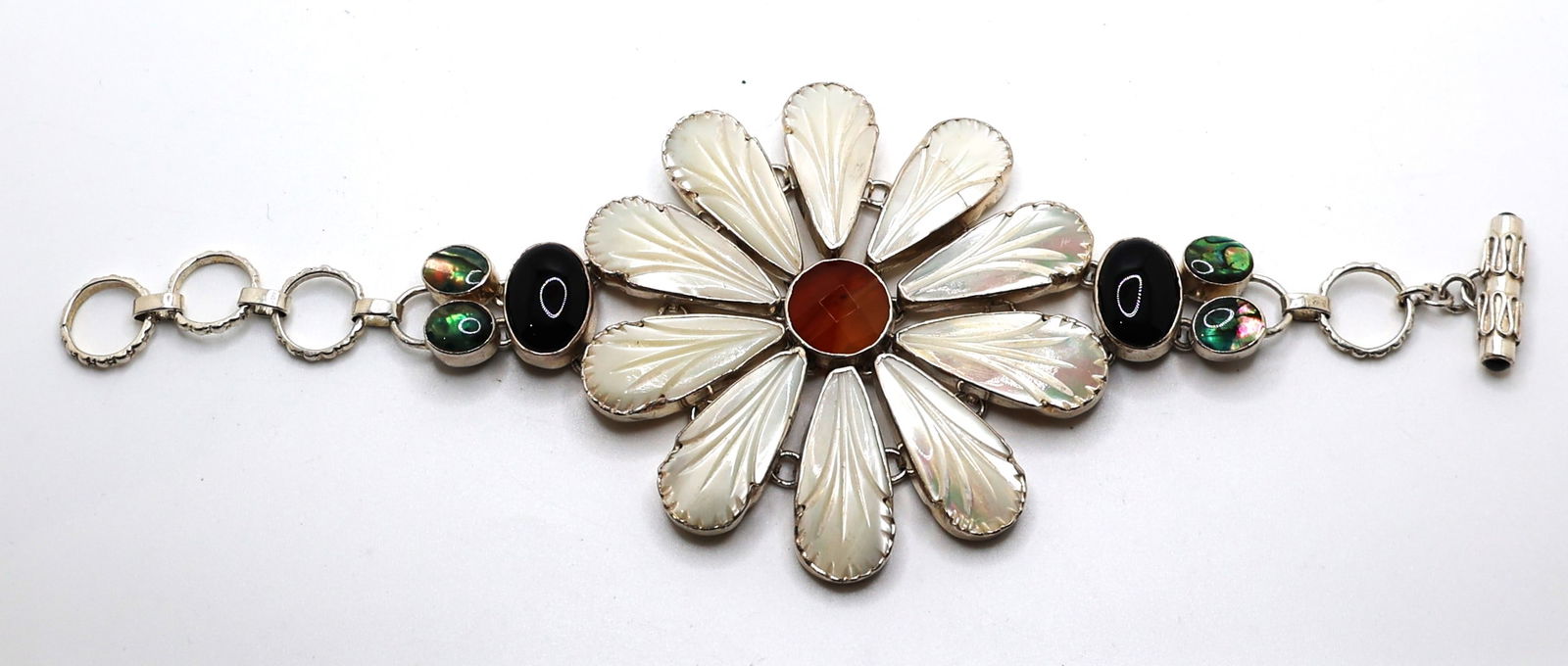 .925 Sterling Silver Mother of Pearl, Abalone, Black Onyx, Agate Flower Bracelet 9 in. x 3 1/4 in.: .925 Sterling Silver Mother of Pearl, Abalone, Black Onyx, Agate Flower Bracelet 9 in. x 3 1/4 in.