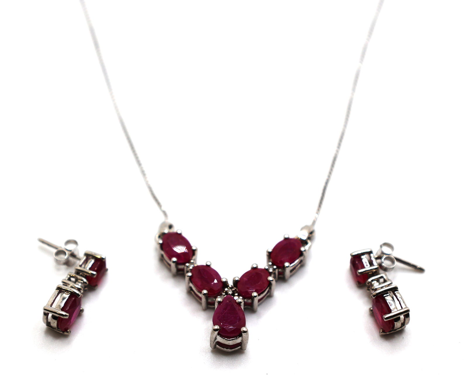 5 Rubies with 5 Diamonds Drop "V" Necklace .925 Sterling Italy 18 in. Chain, Matching Earrings (1 of 4)