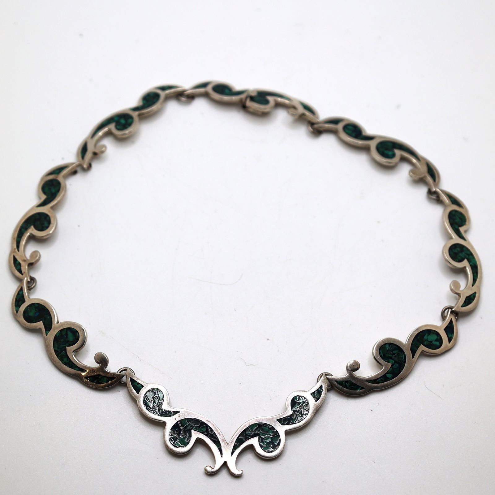 .925 Sterling Silver Mexico TM-11 Necklace with Mosaic Inlay Malachite 17 1/2 in. x 7/8 in.: .925 Sterling Silver Mexico TM-11 Necklace with Mosaic Inlay Malachite 17 1/2 in. x 7/8 in.