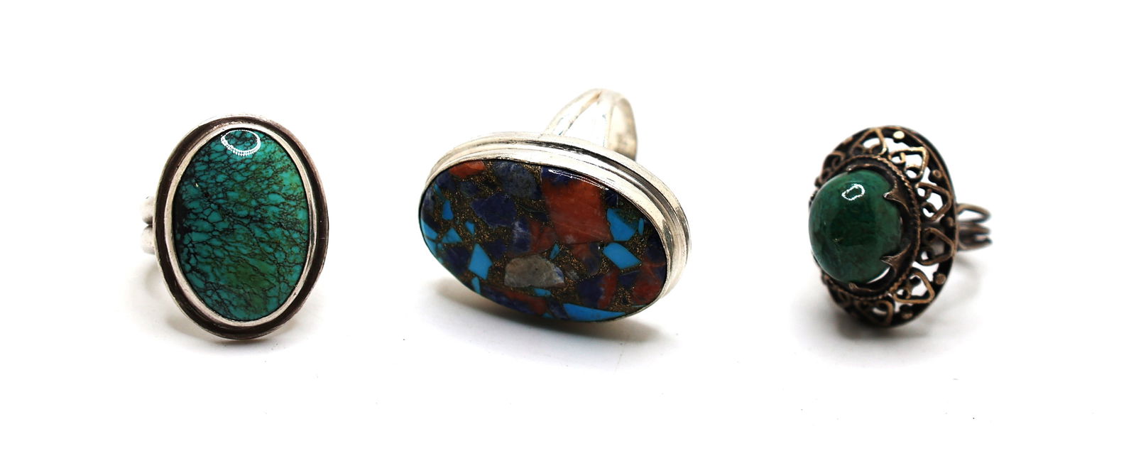 [3] .925 Sterling Silver Rings: Inlaid Turquoise, Coral, Lapis, Mosaic Size 8.5; Sterling Polish (1 of 3)