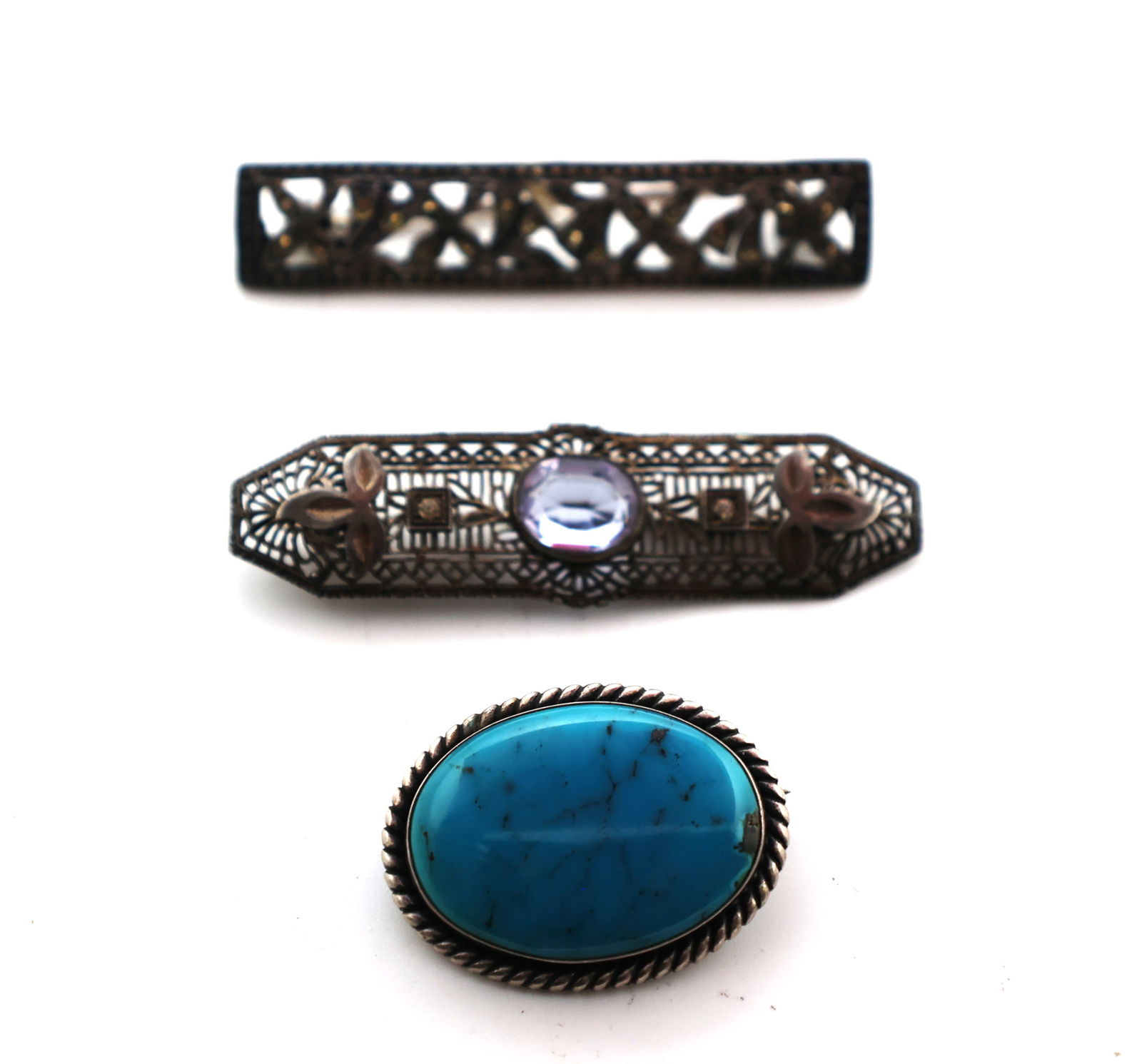 3 Assorted Sterling Silver Pins: Victorian Filigree with Blue Top 2 1/8 in. x 5/8 in. ; Filigree wi (1 of 3)