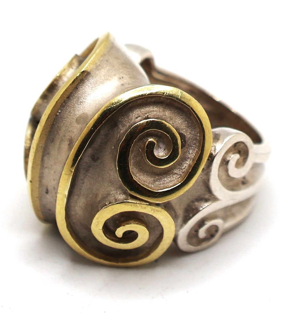 Heavy Mid-Century Modern Brutalist RING Sterling Silver with 18K GOLD weighs 20.7 grams; Ring Size (1 of 3)