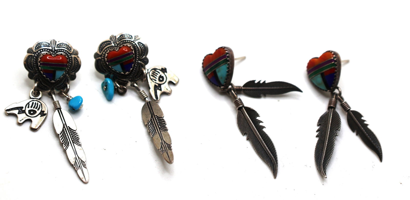 Sterling Silver Droplet Earrings Q.T. C Albuquerque Feather and Bear Charms Inlaid Coral, Lapis, Tu: Sterling Silver Droplet Earrings Q.T. C Albuquerque Feather and Bear Charms Inlaid Coral, Lapis, Turquoise, Malachite and Amethyst 2 in. x 3/4 in. .; Sterling Q.T. Albuquerque Earrings 4 Feather Charm