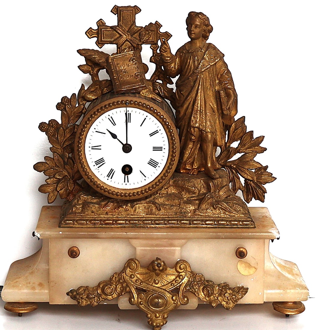 Early 19th C. Bronze and Onyx Figural Mantle Clock 12 in. height  x 11 in. length  x 3.5 in. depth (1 of 8)