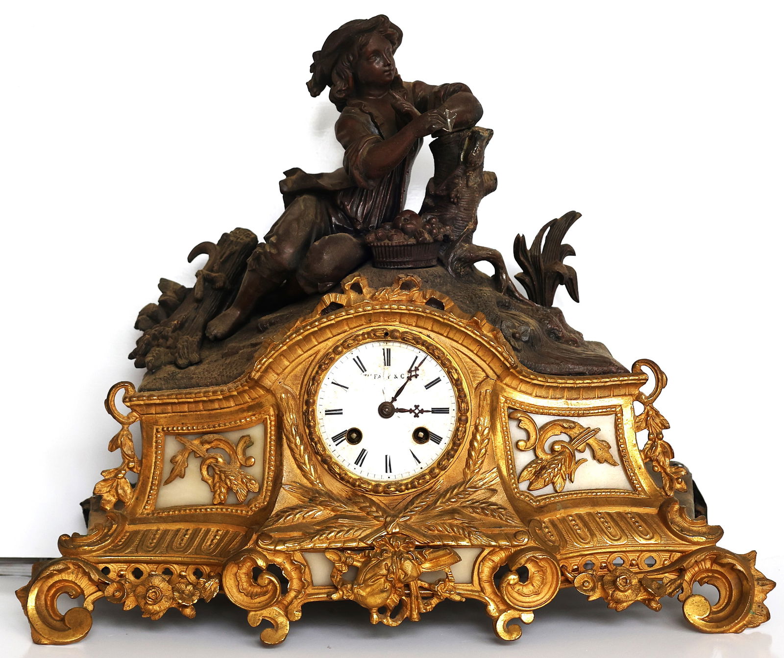 Early 19th C. Tiffany & Co Bronze Front and Cast Metal Spelter Figural Mantle Clock AS-IS (1 of 13)