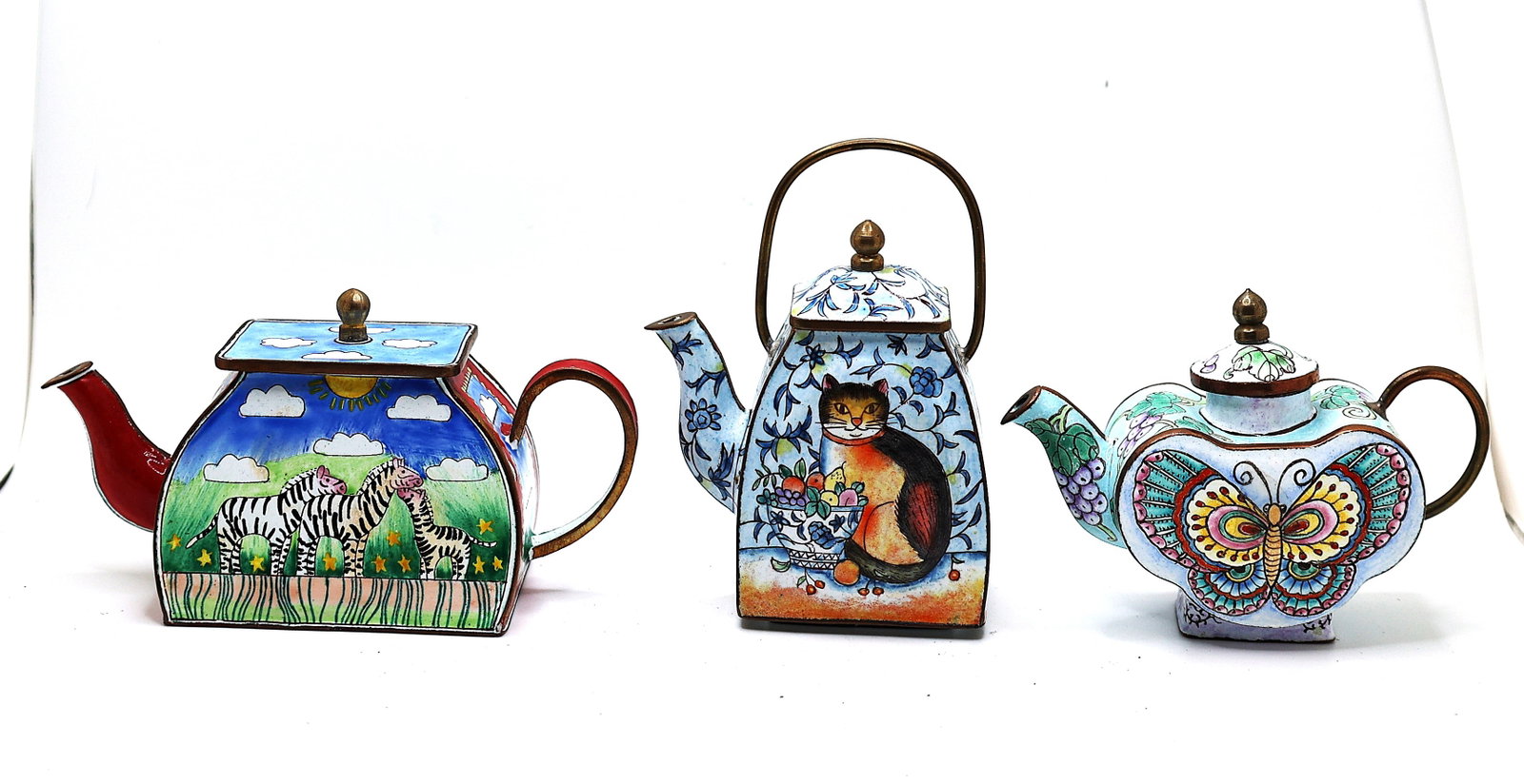 3 Assorted Miniature Cloisonne Teapots with Cat, Zebras, Butterfly 3 in. to 4 1/4 in. heights: 3 Assorted Miniature Cloisonne Teapots with Cat, Zebras, Butterfly 3 in. to 4 1/4 in. heights.