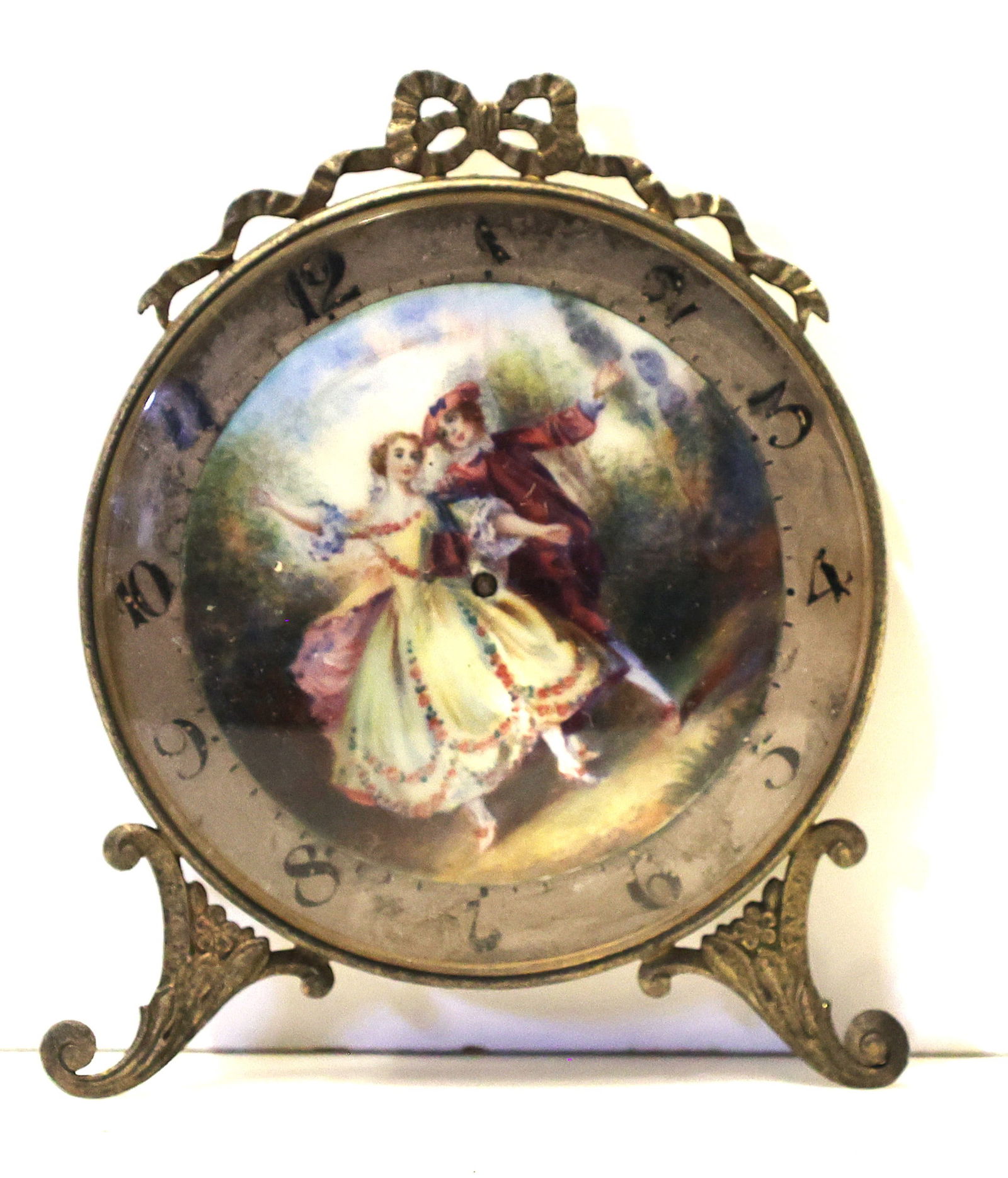 Antique French Bronze Case Desk Clock with Enameled Courting Scene, H. Samuel Manchester, Acme Lever (1 of 5)