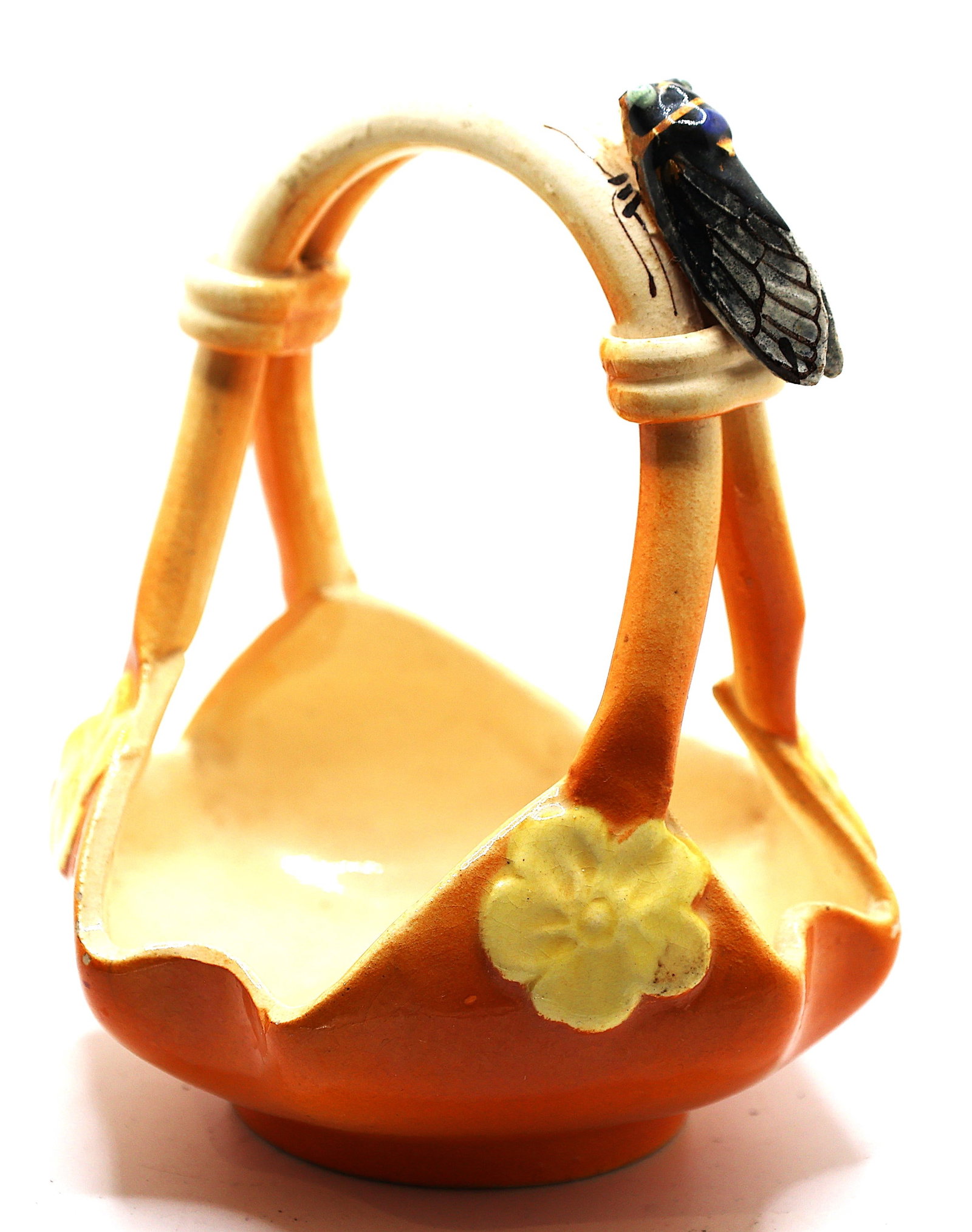 French Majolica Cicada Basket artist signed L. Sicard , 5 3/4 in. height x 4 1/2 in wide: French Majolica Cicada Basket artist signed L. Sicard , 5 3/4 in. height x 4 1/2 in wide.