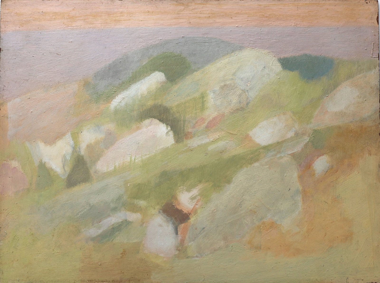 ROBERT ANGELOCH 1922-2011 Woodstock NY - ISLAND MORNING 1961 Oil Board Painting: ROBERT ANGELOCH 1922-2011 Woodstock NY - ISLAND MORNING 1961 Oil on Board Painting. Unsigned, with title, date, Artists inventory number #6110 on verso., not framed. Provenance: Acquired directly from