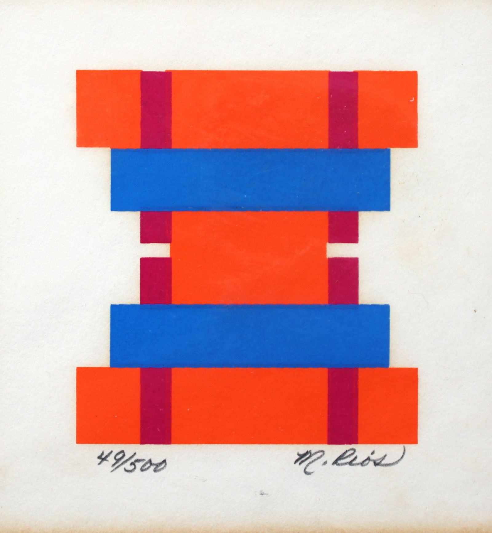 M RIOS, Modernism Abstract Blocks in Orange, Red, Blue Lithograph #49/500, Label on Verso (1 of 5)