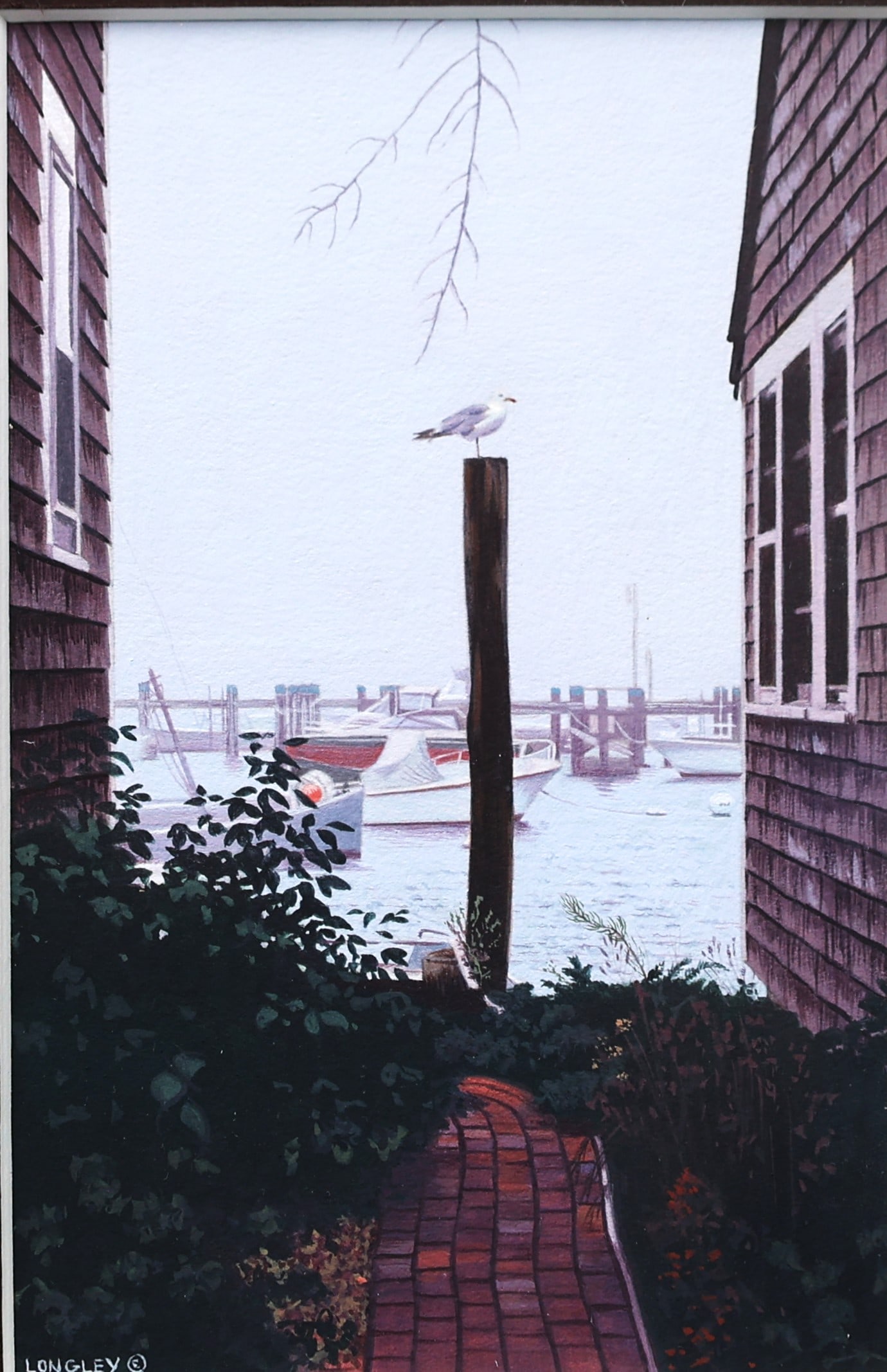 Pat Longley (1925 - 2010 American], Fine Gouache Painting "Nantucket Fog", Orig. $650 Receipt: Pat Longley (1925 - 2010 American], Fine Gouache Painting "Nantucket Fog", Orig. $650 Receipt,; Well Listed American Artist. Size: image 4.75 in. x 3 in. ; outer frame 11 in. x 9 3/8 in. ; ASKart: Pat