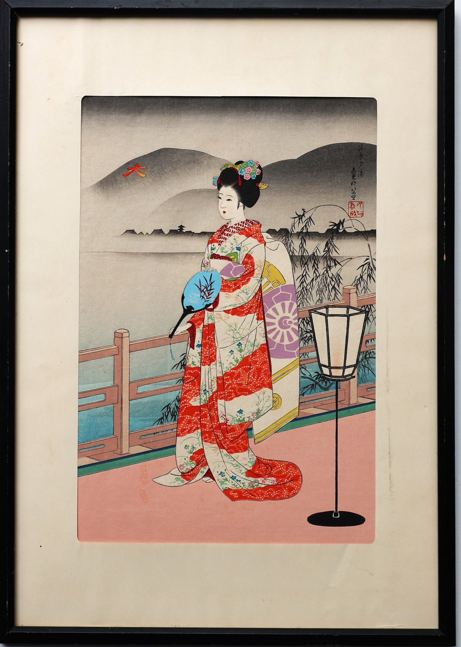 Japanese Woodblock Print "Geisha Girl in Summer" Sadanobu Hasegawa, Label on Verso: Japanese Woodblock Print "Geisha Girl in Summer" Sadanobu Hasegawa, Label on Verso. Size: image 14 in. x 9 in. ; outer frame 20 in. x 14 in.
