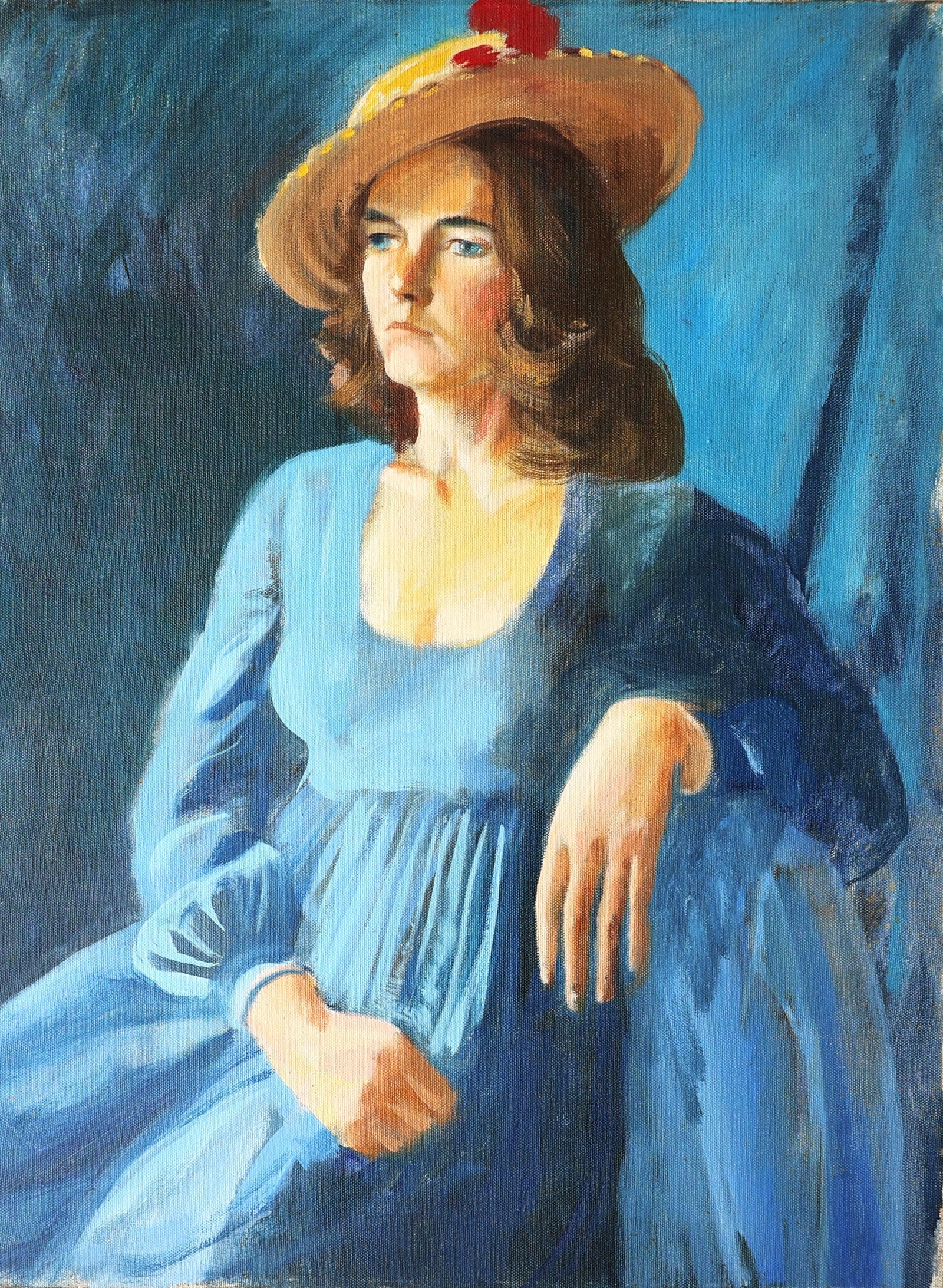ROBERT ANGELOCH 1922-2011 Woodstock NY - WOMAN BLUE DRESS Oil on Canvas Painting: ROBERT ANGELOCH 1922-2011 Woodstock NY - WOMAN BLUE DRESS Oil on Canvas Painting. Unsigned with artist's inventory #7305, not framed. Provenance: Acquired directly from the artist's Estate. Size: imag
