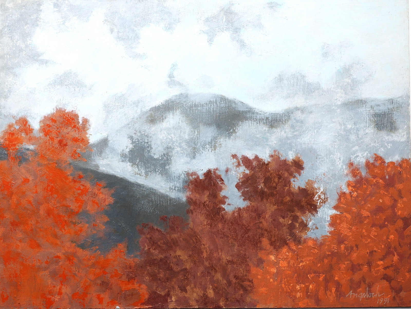 ROBERT ANGELOCH 1922-2011 Woodstock NY - AUTUMN MOUNTAINS Oil on Board Painting: ROBERT ANGELOCH 1922-2011 Woodstock NY - AUTUMN MOUNTAINS WOODSTOCK NEW YORK Oil on Board Painting. Signed and Dated ANGELOCH 1991, with artist's inventory #9102, not framed. Provenance: Acquired dire