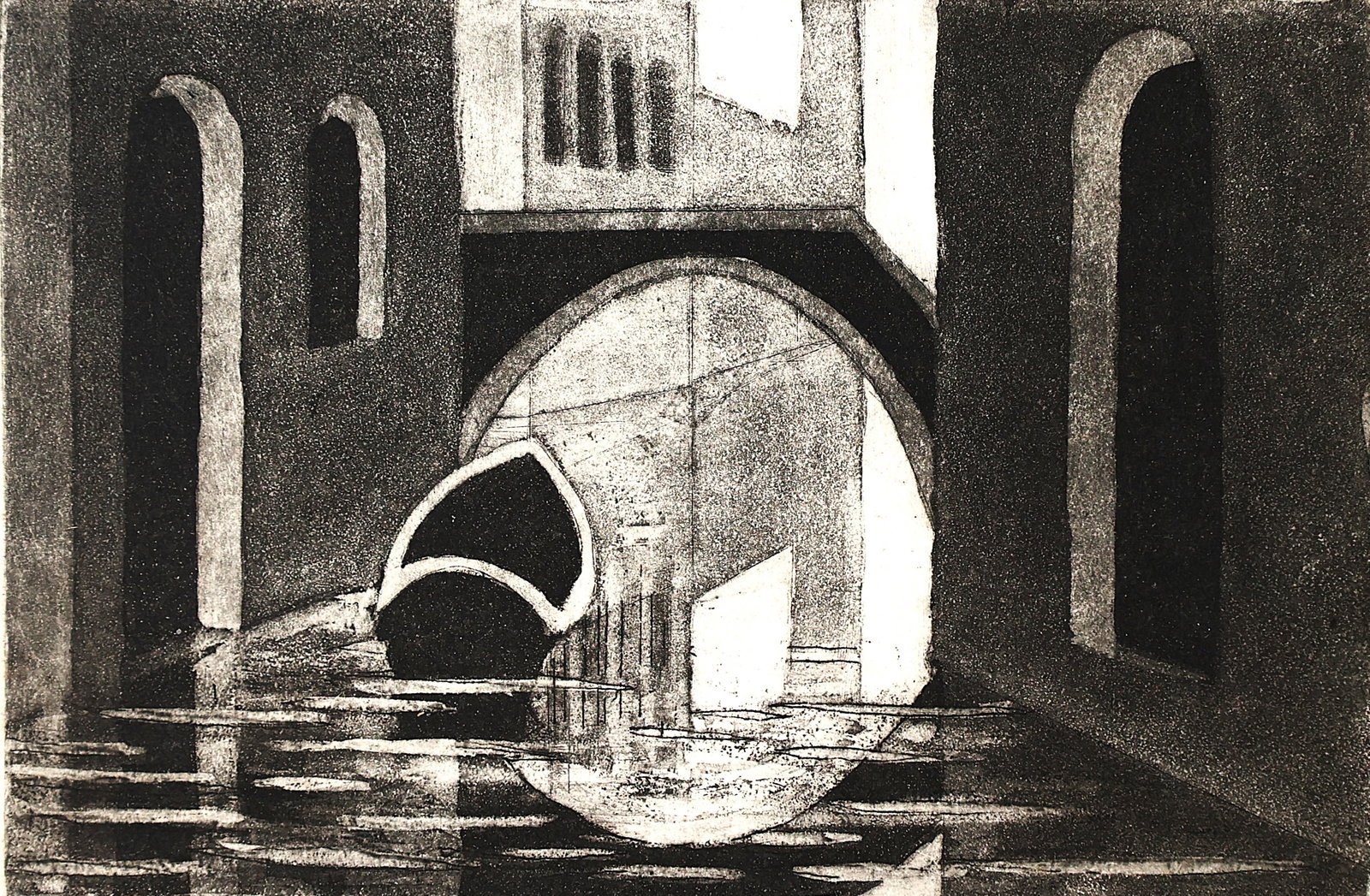 ROBERT ANGELOCH 1922-2011 Woodstock NY; WOODCUT - Venice VI 2/10 R Angeloch 1986: ROBERT ANGELOCH 1922-2011 Woodstock NY; WOODCUT - Venice VI #2/10, R Angeloch 1986 ; Size: image 3 3/4 in. x 5 7/8 in. ; outer border 5 3/4 in. x 8 in.; ASKart: Robert Henry Angeloch (1922 - 2011) was