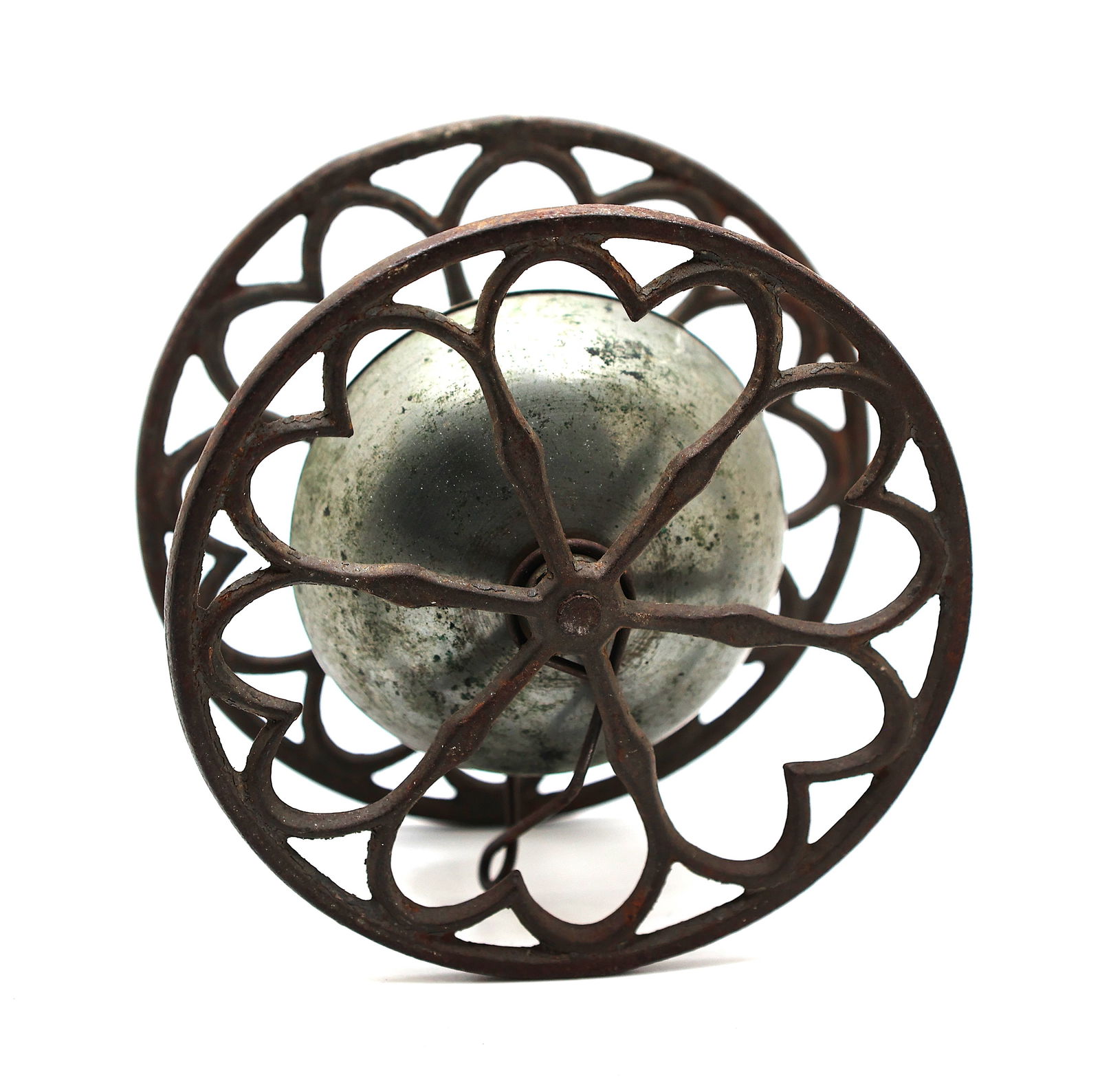 Antique J. & E. Stevens Company Wheeled Pull Toy Rattle Heart Shaped Wheels Bell 4 in. dia. (1 of 3)