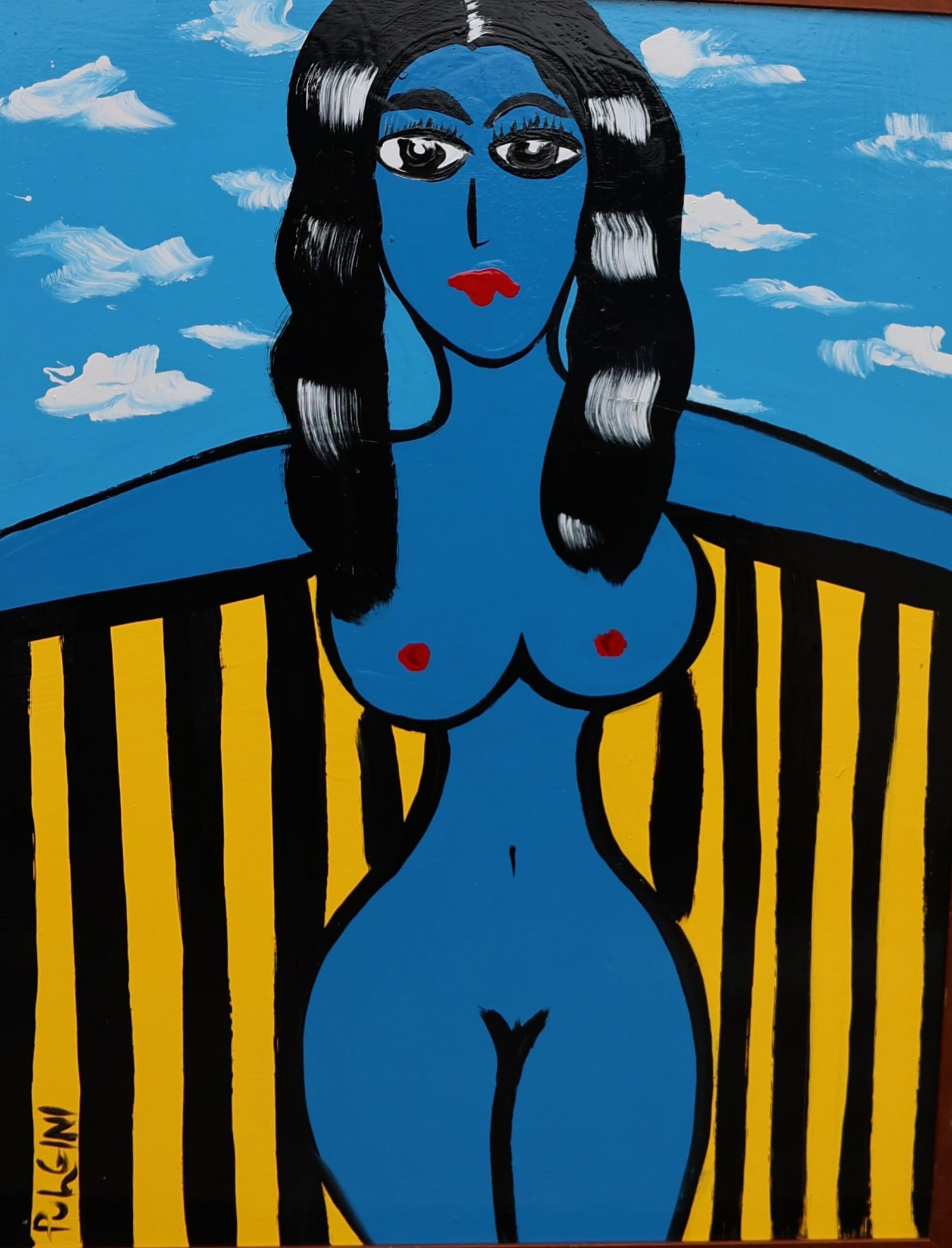 Thomas Pulgini, American, Oil on Board Painting, Abstract Blue Woman, Signed, Framed: Thomas Pulgini, American, Oil on Board Painting, Abstract Blue Woman, Signed, Framed. Well Listed American Artist. Size: image 35 in. x 27 in. ; outer frame 37 in. x 29 in. ; ASKart: Thomas Pulgini, B