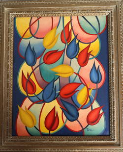 Helen Torr (1886 - 1967 American) Oil on Board Painting Colorful Tulips in Modernist Composition: Helen Torr (1886 - 1967 American) Oil on Board Painting Colorful Tulips in Modernist Composition. Size: image 20 in. x 16 in. ; outer frame 24.5 in. x 20.5 in. ; ASKart: Much influenced by the moderni