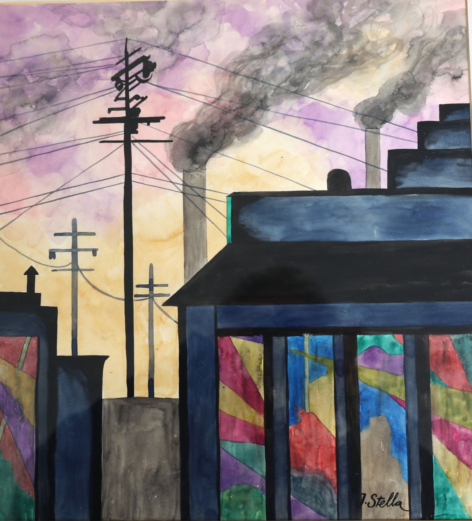 Frank Stella (1936 - 2024 American) Watercolor Painting Modernist Industrial Factory: Frank Stella (1936 - 2024 American) Watercolor Painting Modernist Industrial Factory. Size: image 12.5 in. x 13.5 in.; outer frame 19.5 in. x 20 in. ; ASKart: Frank Stella is one of America's leading