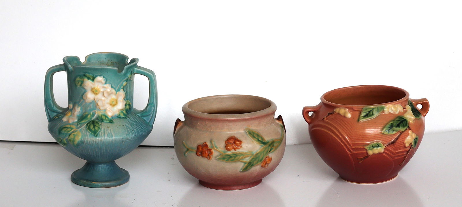 3 Assorted Vintage Roseville Art Pottery Vases , Various Patterns, Sizes 4 in.; 4.5 in. 6.5 in. (1 of 5)