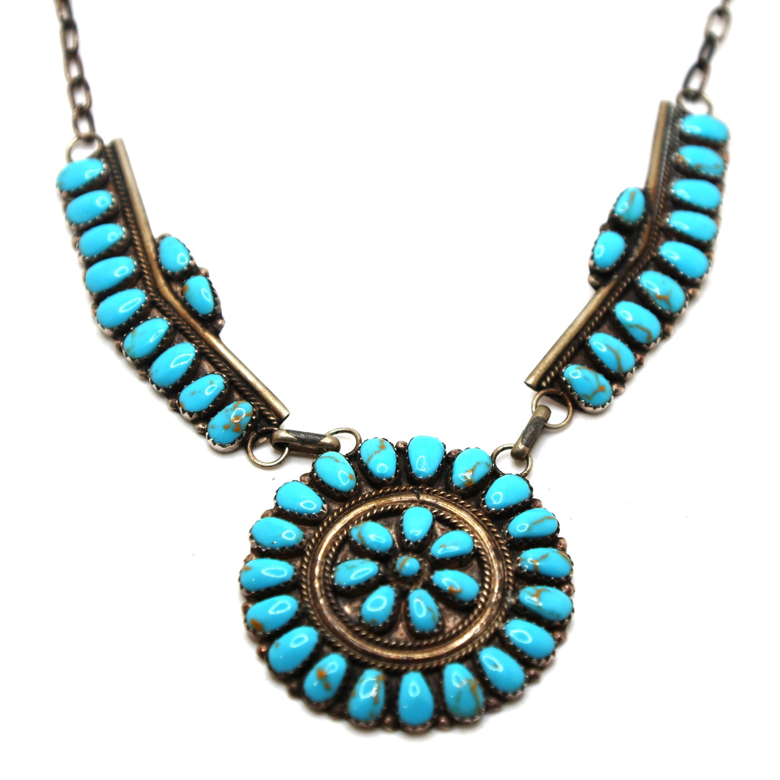 Sterling Silver and Turquoise Native American DB David Benally [Navajo] Squash Blossom Design: Sterling Silver and Turquoise Native American DB David Benally [Navajo] Squash Blossom Design Necklace 18 in. x 2 in.