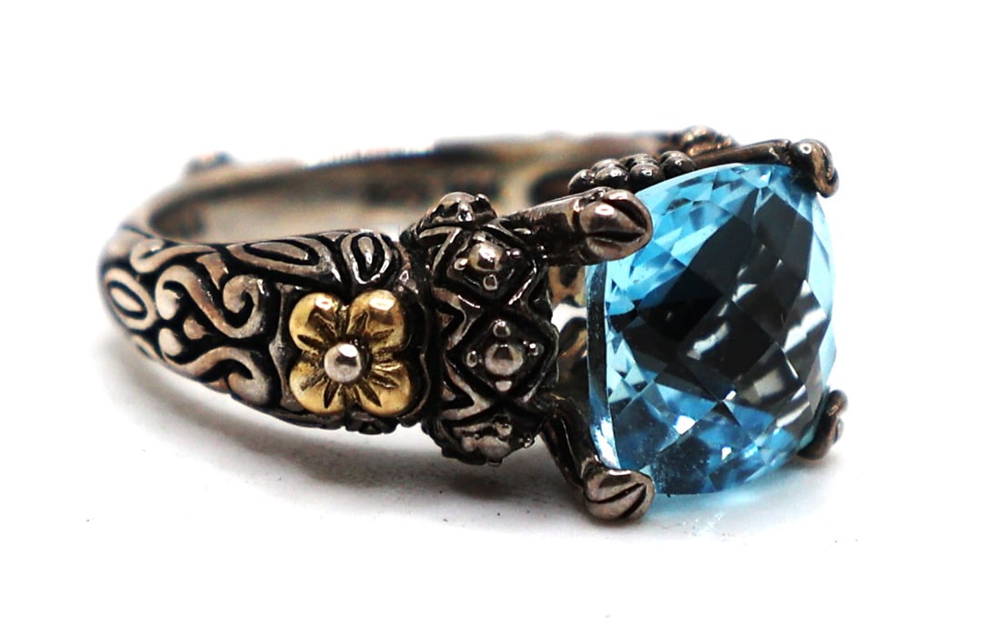 Bixby .925 Sterling Silver and 18K GOLD Stunning Blue Faceted Topaz Ring Size 6 , 7/8 in. x 1/2 in. (1 of 5)