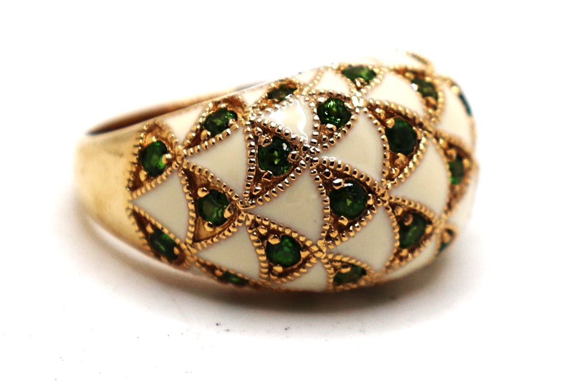 .925 Sterling Silver DP RI Enameled with Gold Beading and Genuine Emeralds Ring Size 8.25 (1 of 5)