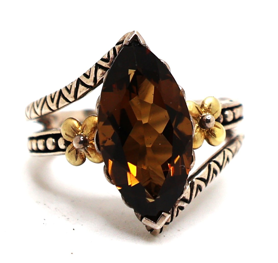 Bixby .925 Sterling Silver and 18K GOLD Smokey Citrine Marquis withb18K Accent Flowers Ring (1 of 6)