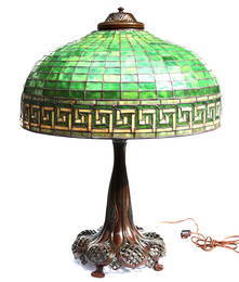 Tiffany Studios New York Greek Key Pattern Leaded Stain Glass Large Table Lamp Signed Shade & Base