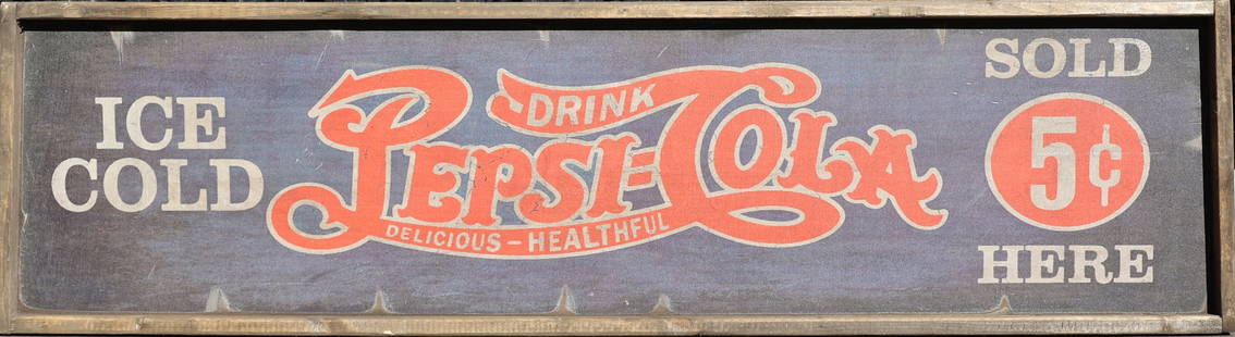 Printed Wood Sign "Drink PEPSI-COLA Delicious Heathful", "Sold Here 5 Cents" 49 in. x 13 in.: Printed Wood Sign "Drink PEPSI-COLA Delicious Heathful", "Sold Here 5 Cents" 49 in. x 13 in.