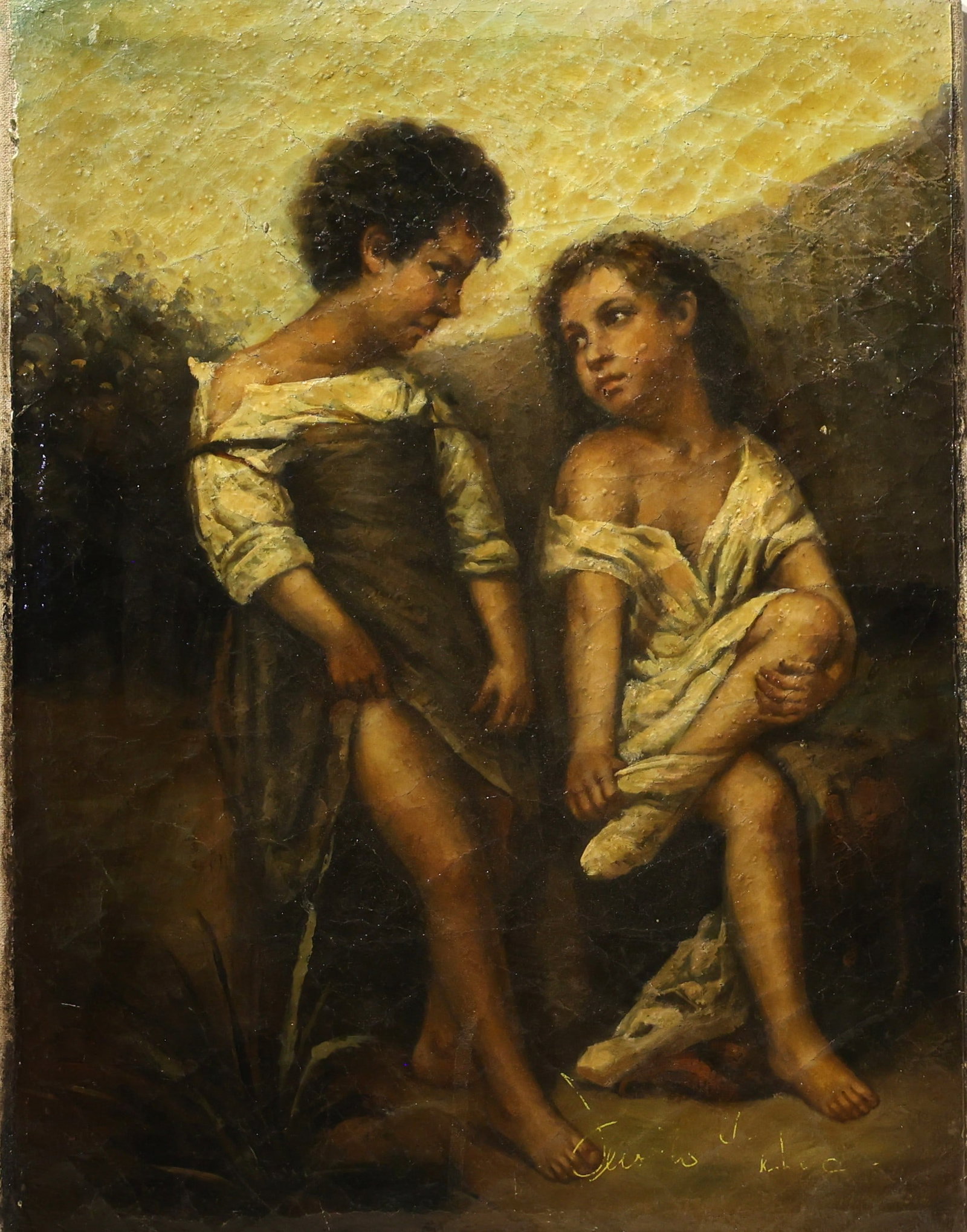 2 Children Oil on Canvas Painting in Old World Style 16 inches x 12 inches: 2 Children Oil on Canvas Painting in Old World Style 16 inches x 12 inches
