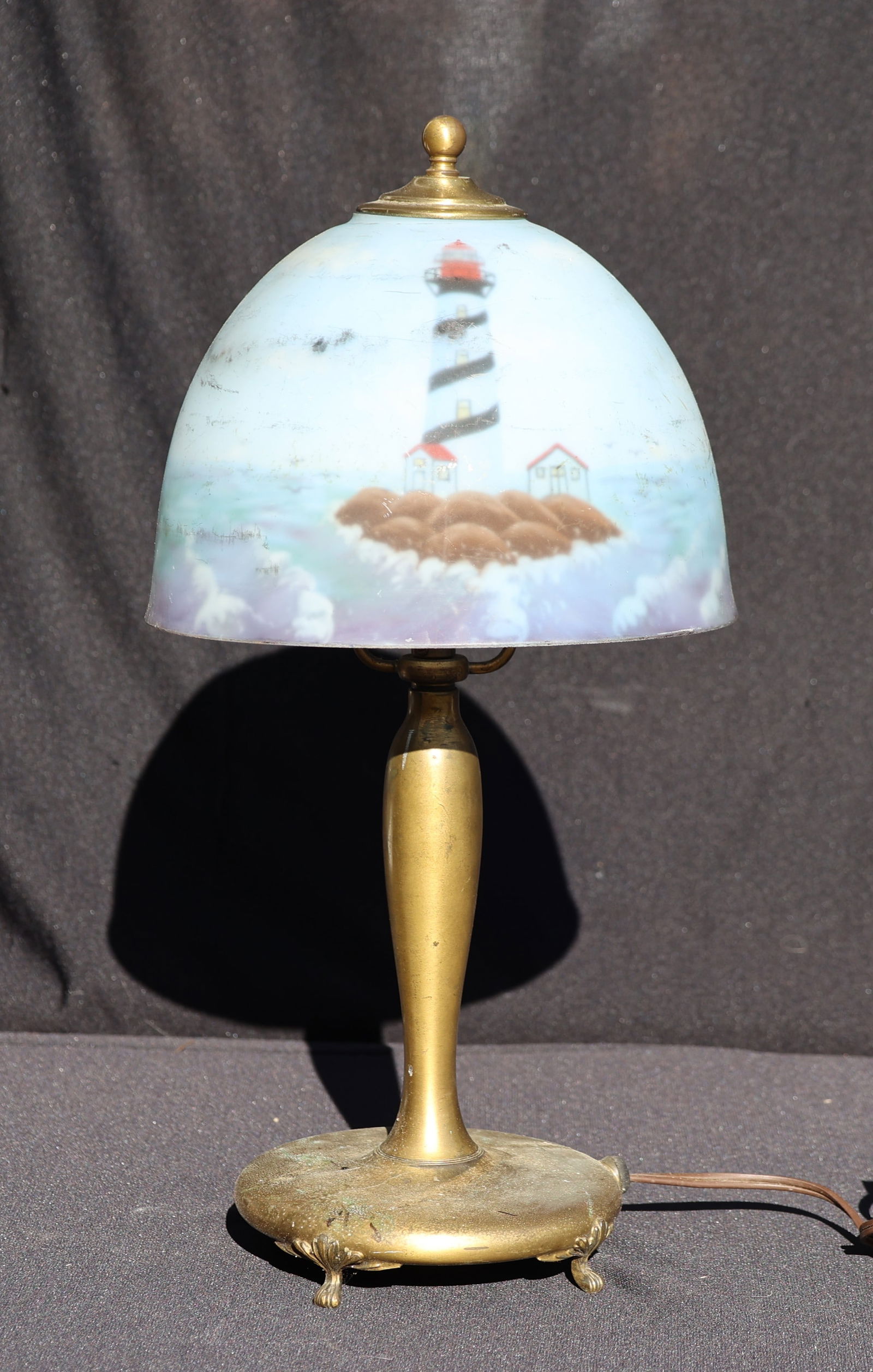 Reverse Painted Glass Shade LIGHTHOUSE Lamp, Base is Signed PAIRPOINT  #3047 1/2 (1 of 7)