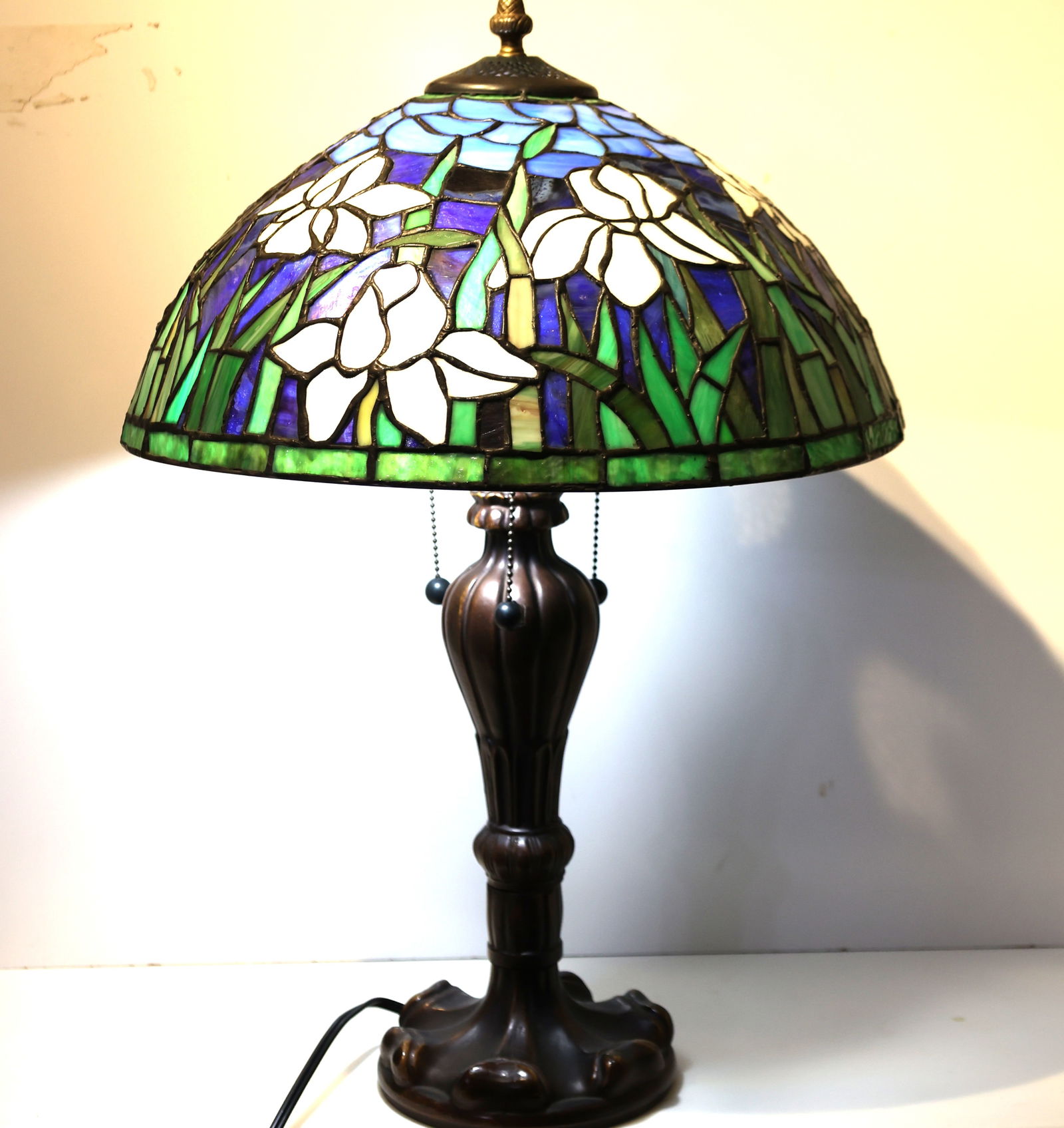 In The Tiffany Style Leaded Glass Floral Table Lamp with Metal Base in Bronzed Patina (1 of 5)