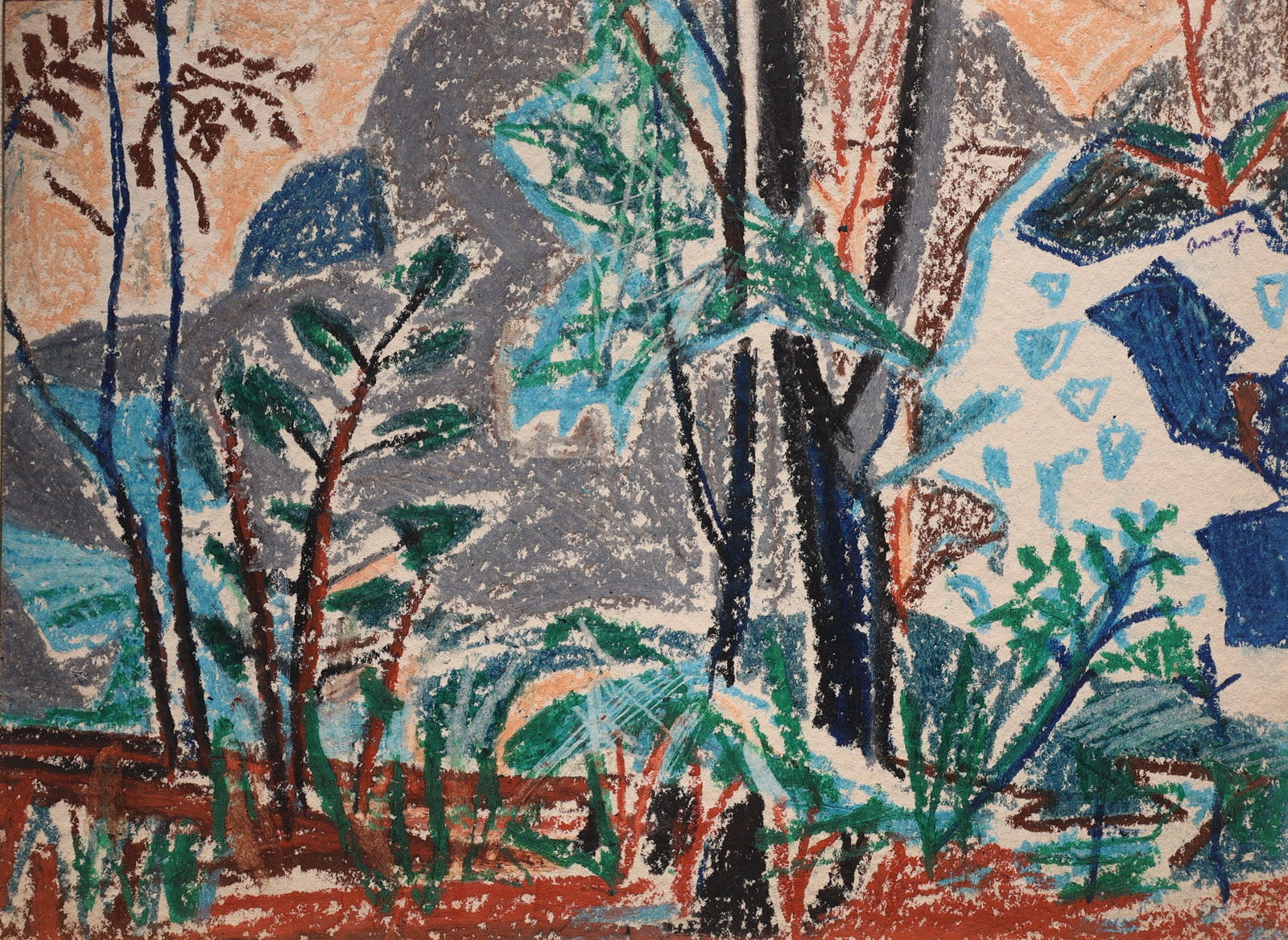 Robert Henry Angeloch, 1922-2011, Signed Crayon Drawing Landscape with Trees, Estate of The Artist: Robert Henry Angeloch, 1922-2011, Signed Crayon Drawing Landscape with Trees, Estate of The Artist. Circa 1950s Artwork. Signed "Angeloch" in Pencil on Verso. Provenance: acquired directly from Artist