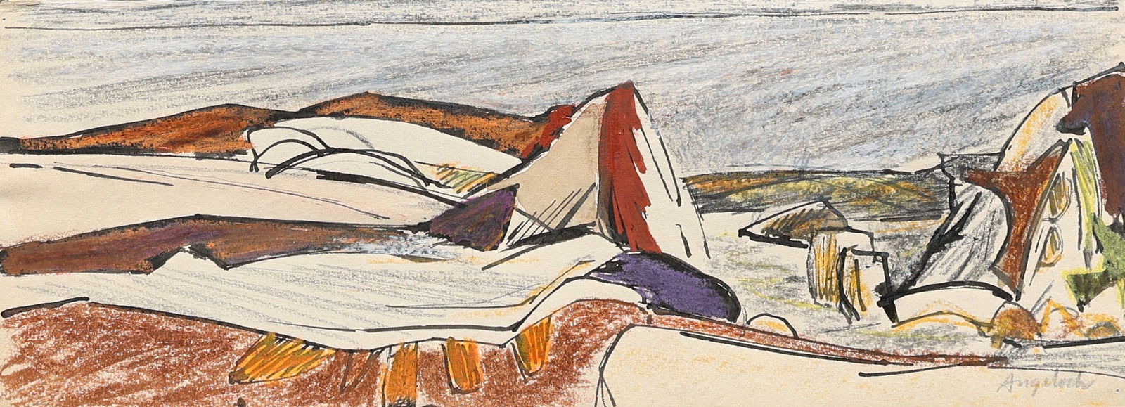 Robert Henry Angeloch, 1922-2011, Crayon Drawing Rocky Coastal Seascape, Estate of The Artist: Robert Henry Angeloch, 1922-2011, Crayon Drawing Rocky Coastal Seascape, Estate of The Artist. Circa 1950s Artwork. Signed ;pwer right: Angeloch. Provenance: acquired directly from Artist's Estate Woo