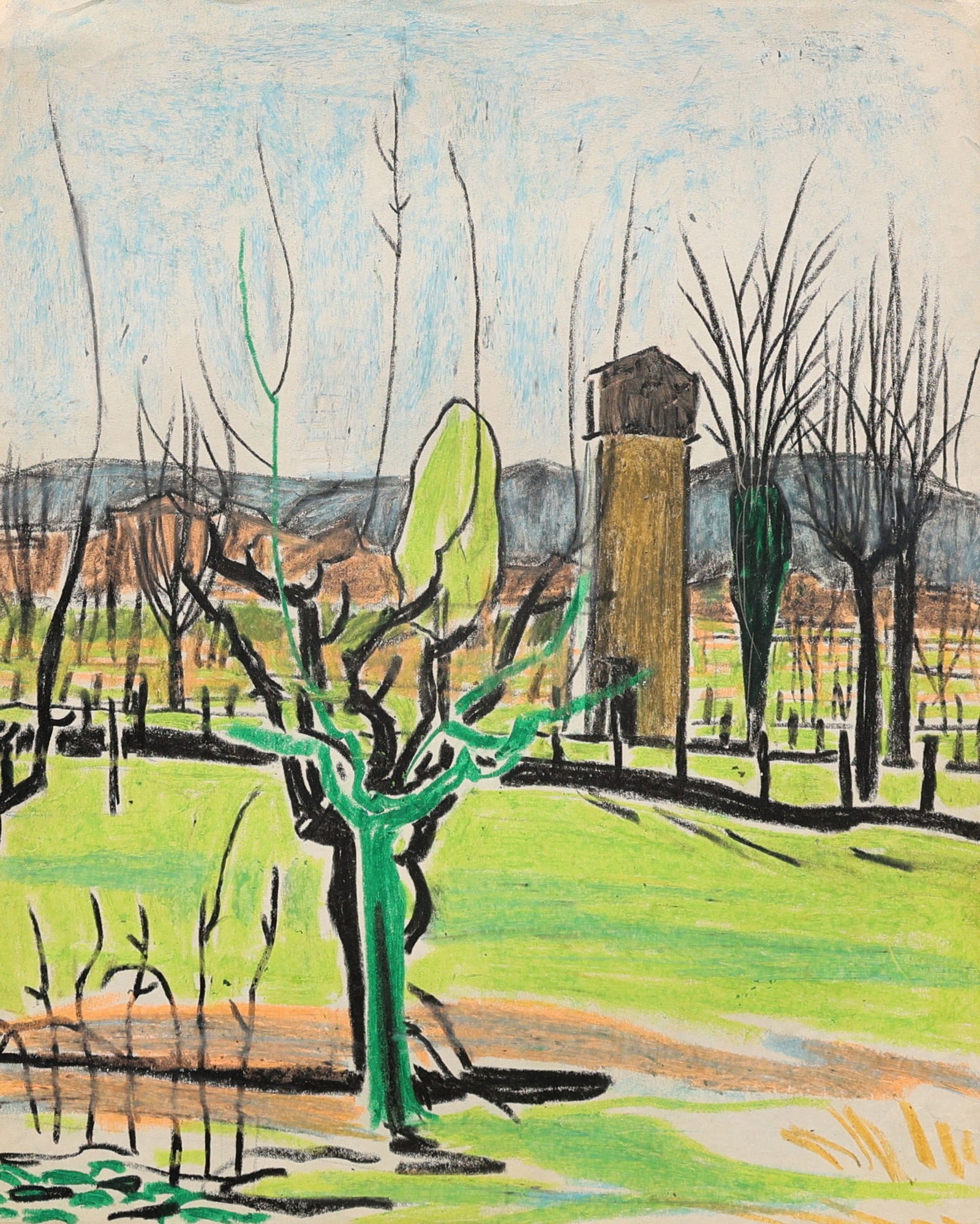 Robert Henry Angeloch, 1922-2011, Crayon Drawing Landscape With Silo, Estate of The Artist: Robert Henry Angeloch, 1922-2011, Crayon Drawing Landscape with Silo, Estate of The Artist. Circa 1950s Artwork. Unsigned. Provenance: acquired directly from Artist's Estate Woodstock New York. Well L