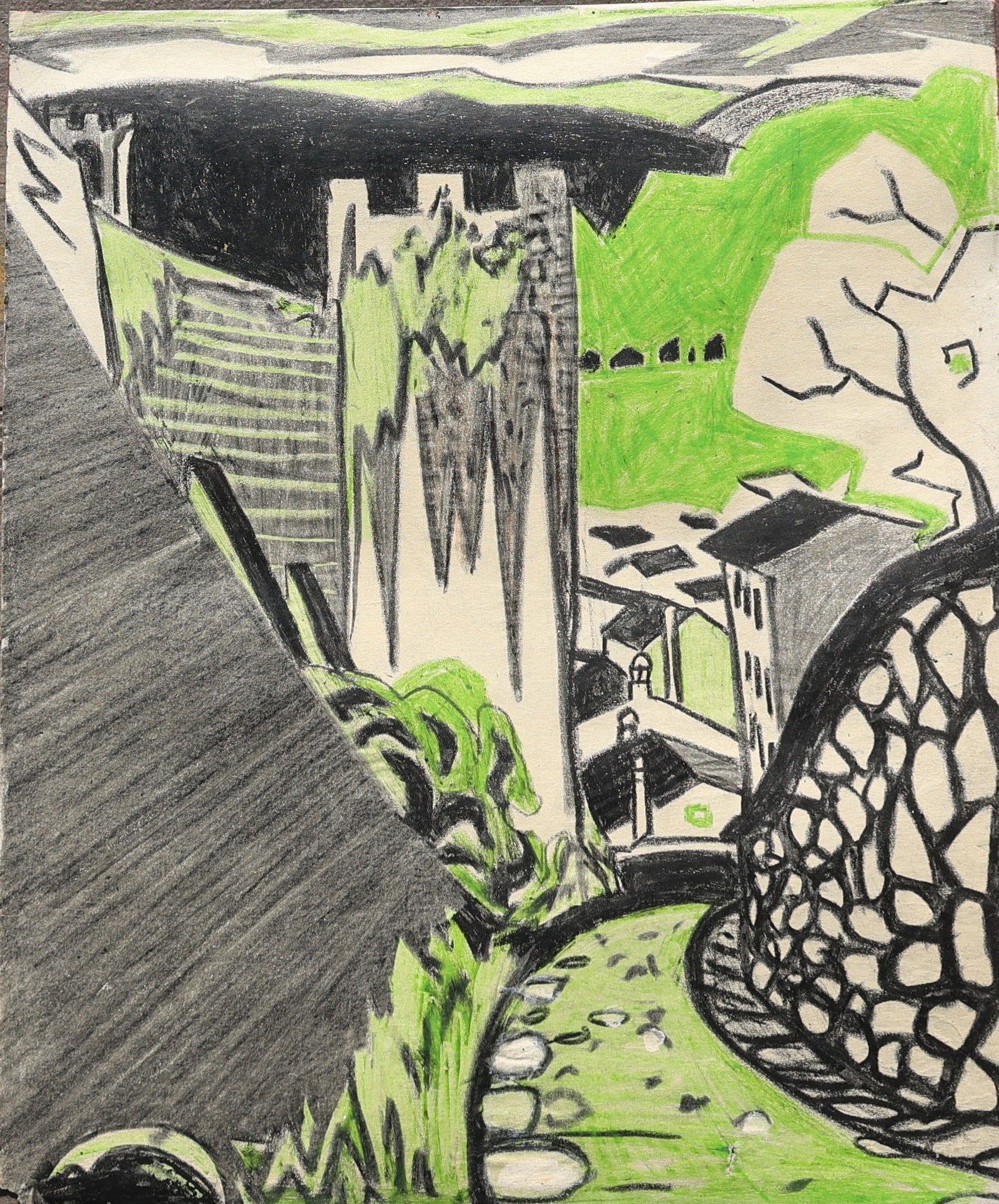 Robert Henry Angeloch, 1922-2011, Crayon Drawing Courtyard Landscape, Estate of The Artist: Robert Henry Angeloch, 1922-2011, Crayon Drawing Courtyard Landscape, Estate of The Artist. Circa 1950s Artwork. Unsigned. Provenance: acquired directly from Artist's Estate Woodstock New York. Well L