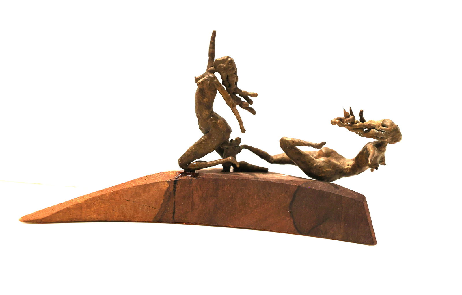 Brutalist Bronze Sculpture of Two Nude Women in Motion Mounted on a Wood Base: Brutalist Bronze Sculpture of Two Nude Women in Motion Mounted on a Wood Base; Size: 3.75 inches height; 7 inches length; 2.5 in. wide