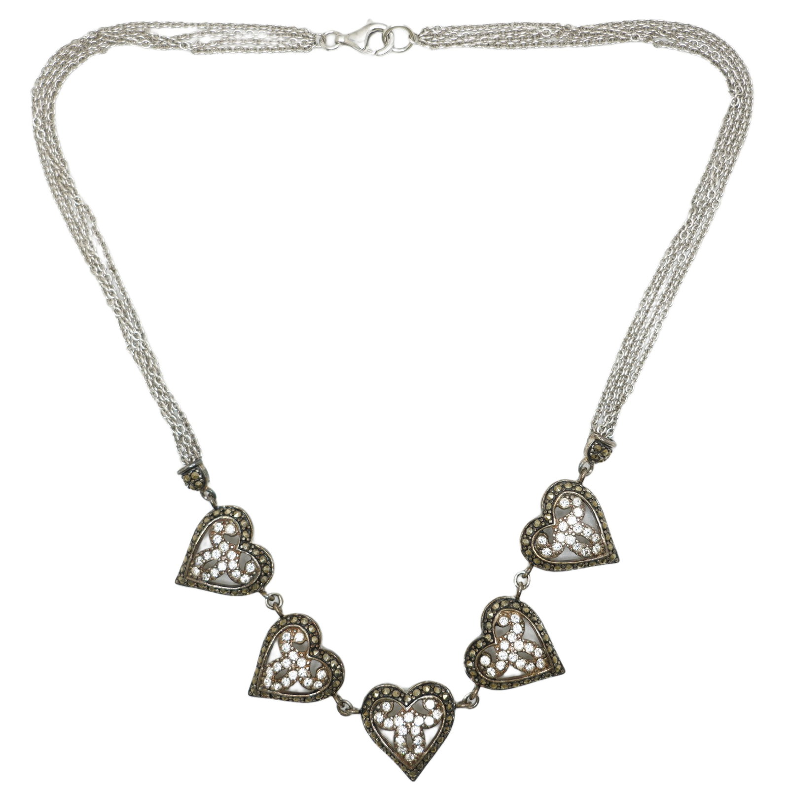 .925 Sterling Silver 4 Chains with 5 Heart Pendants with CZs, Size: 16 in. x 3/4 in.: .925 Sterling Silver 4 Chains with 5 Heart Pendants with CZs, Size: 16 in. x 3/4 in.