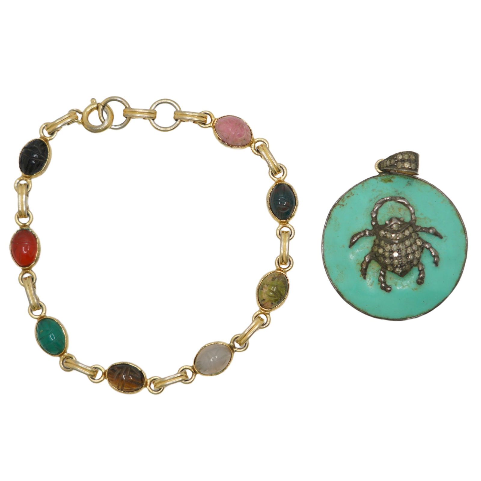 .925 Sterling Enameled SCARAB Pendant With 4 DIAMONDS & 12K GF SCRAAB Bracelet (1 of 10)
