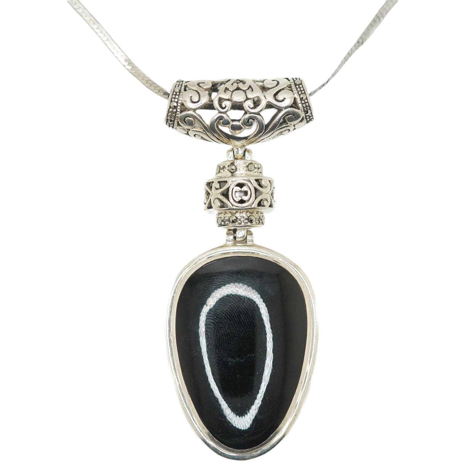 M-925 Large Pendant w/ Tear Shape Black Onyx Pendant on 30" M-Italy Chain Necklace: 3 x 1 1/4 (Pendant), 30" (Chain)
