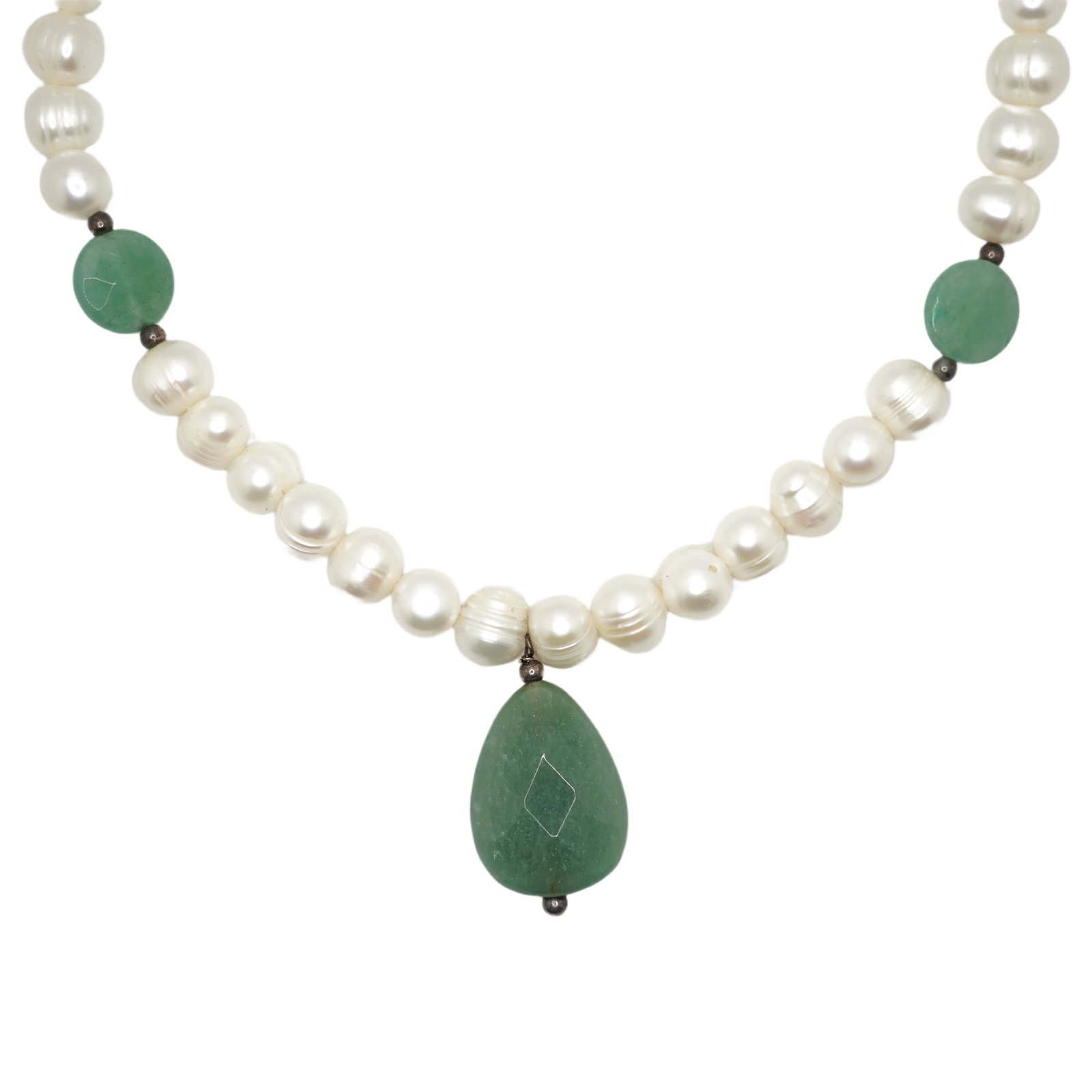 .925 Sterling Clasp, Classy Freshwater Cultured Pearls Green Aventrine Pendant & Spacers Necklace: .925 Sterling Clasp, Classy Freshwater Cultured Pearls Green Aventrine Pendant & Spacers Necklace. 20 in. x 1 1/2 in. x 3/4 in.