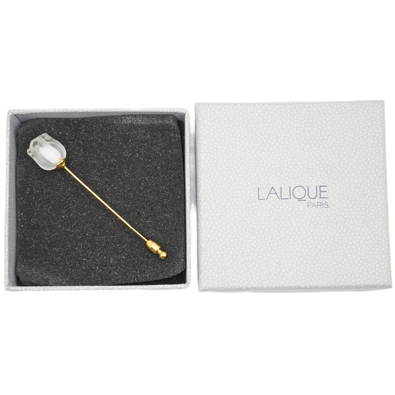 Lalique Stick Pin with Original Box: Lalique Stick Pin w/ Box; Size box 3 1/4 in. x 3 1/4 in. x 1 in.