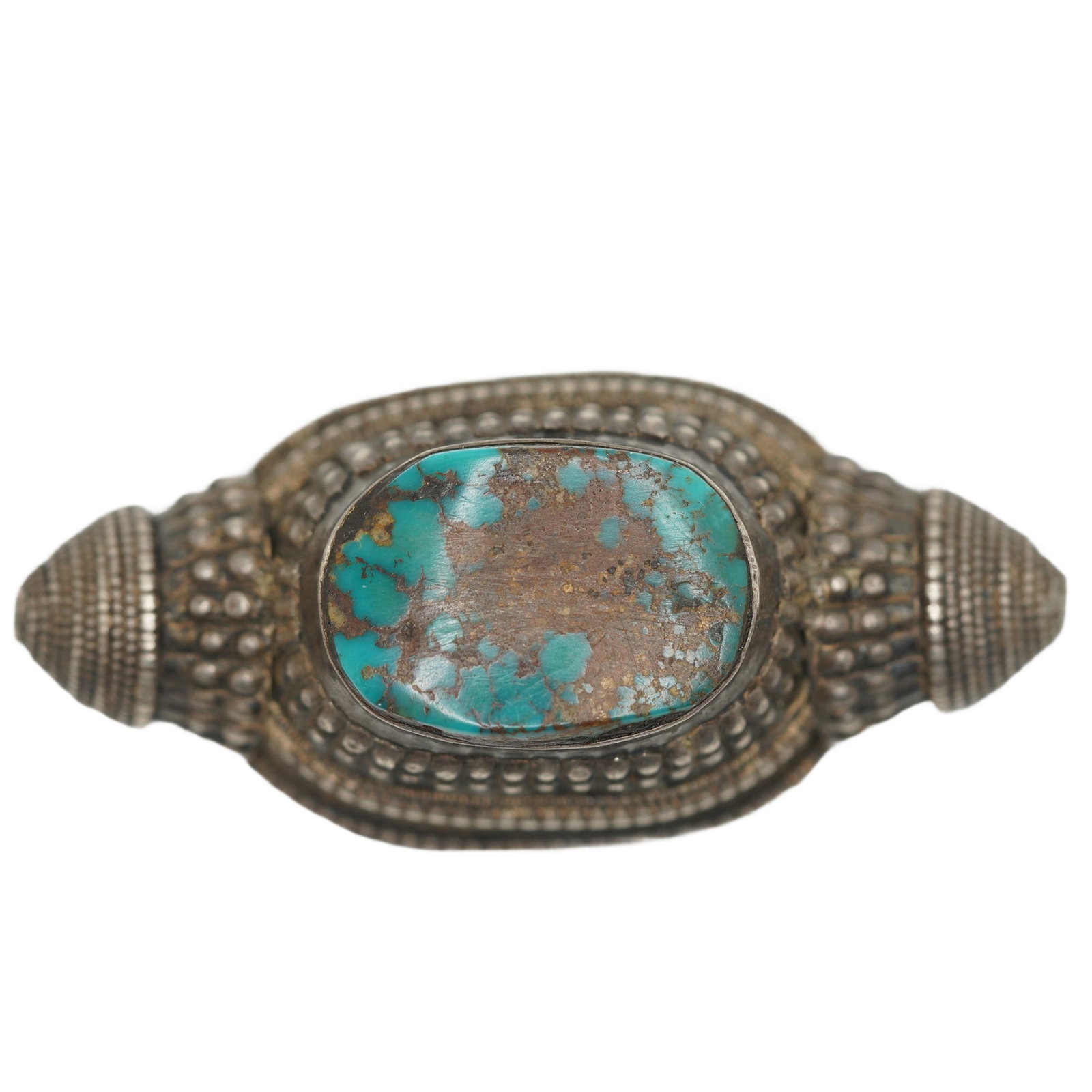 Early Chinese Stertling Bead/Pendant w/ Turquoise, Weighs 23.96 Grams Total Weight: 2 1/2 x 1